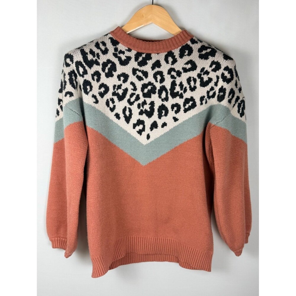 Leopard Colorblock Sweater Small Coral Aqua Balloon Sleeve Knit